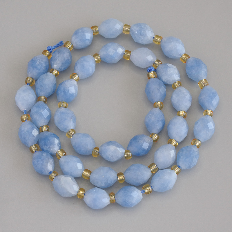 Aquamarine Beads Faceted Grain, diameter 8x6.5mm+/- seed beads 3mm+/- on a thread, length 37cm+