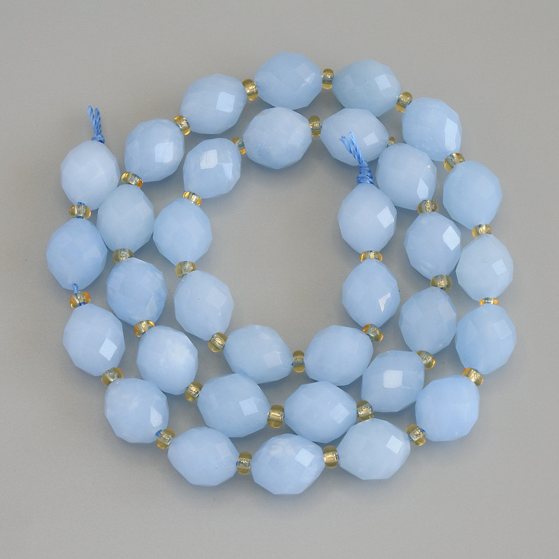 Aquamarine Beads Faceted Grain, diameter 10x8mm+/- seed beads 3mm+/- on a thread, length 38cm+