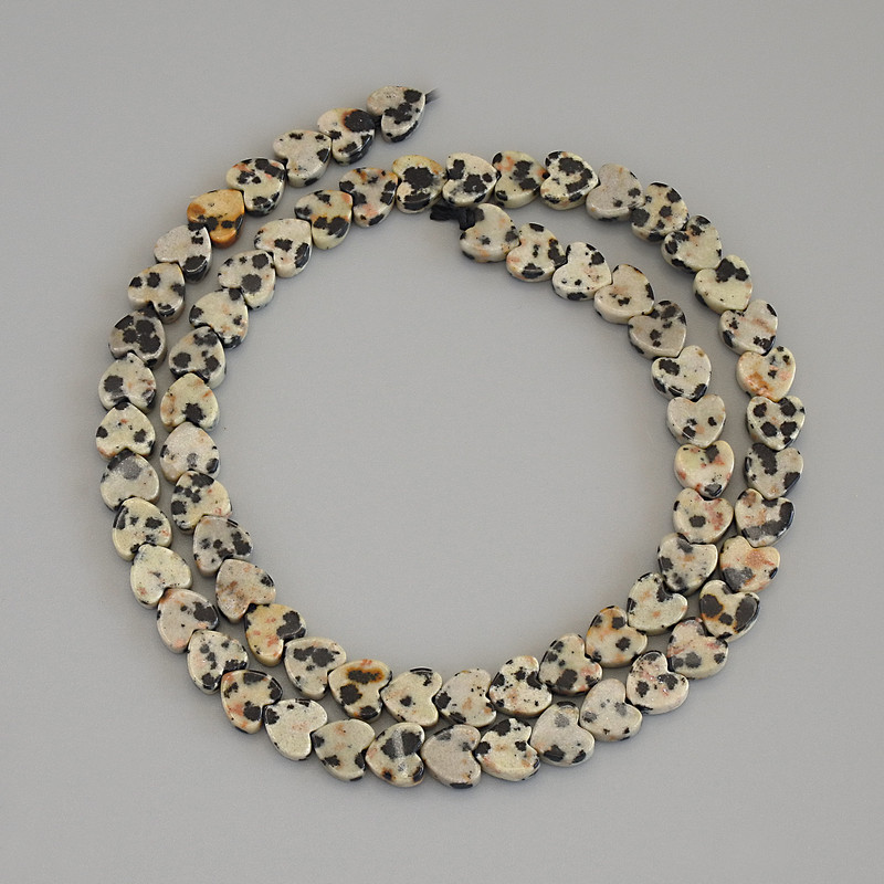 Dalmatian Jasper Heart Beads, diameter 6x6x2mm+/-, on thread, length 39cm+