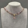 Tourmaline Braided Cord Choker, Faceted Bead 2mm+/-, Width 6.5mm+/-, Length 35mm+/-, Extension Chain 5cm+/-, Pink Crystal Pendant