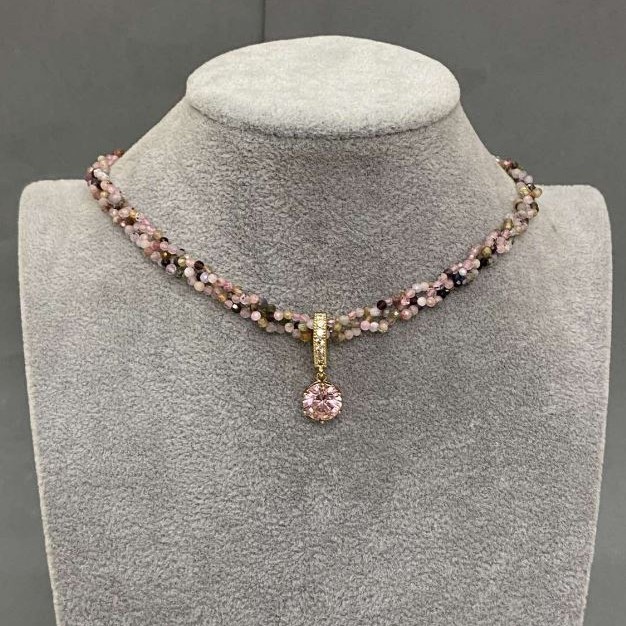 Tourmaline Braided Cord Choker, Faceted Bead 2mm+/-, Width 6.5mm+/-, Length 35mm+/-, Extension Chain 5cm+/-, Pink Crystal Pendant