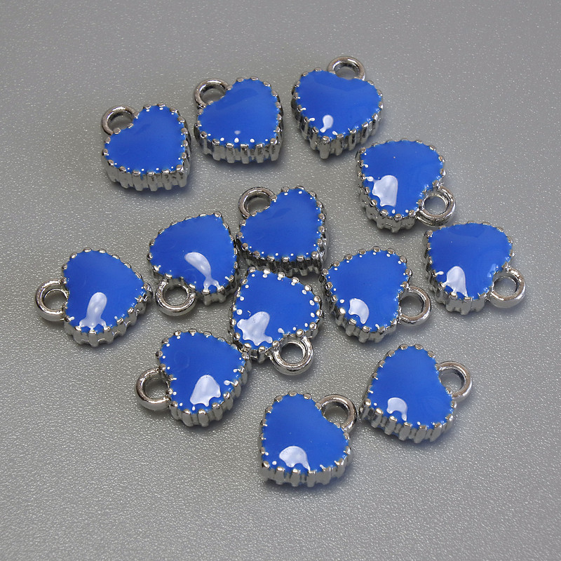 Heart Pendant Charm, blue enamel, silver-tone metal, diameter 7x8mm+-, pack of 13pcs