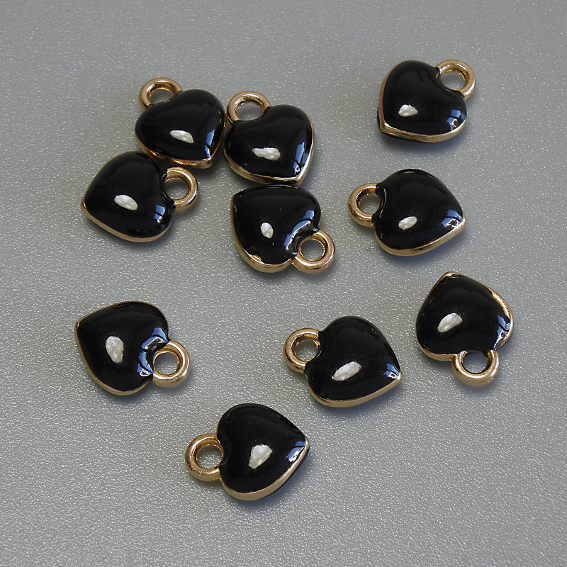 Heart Pendant Charm, black enamel, gold-tone metal, diameter 6x8mm+-, pack of 10pcs