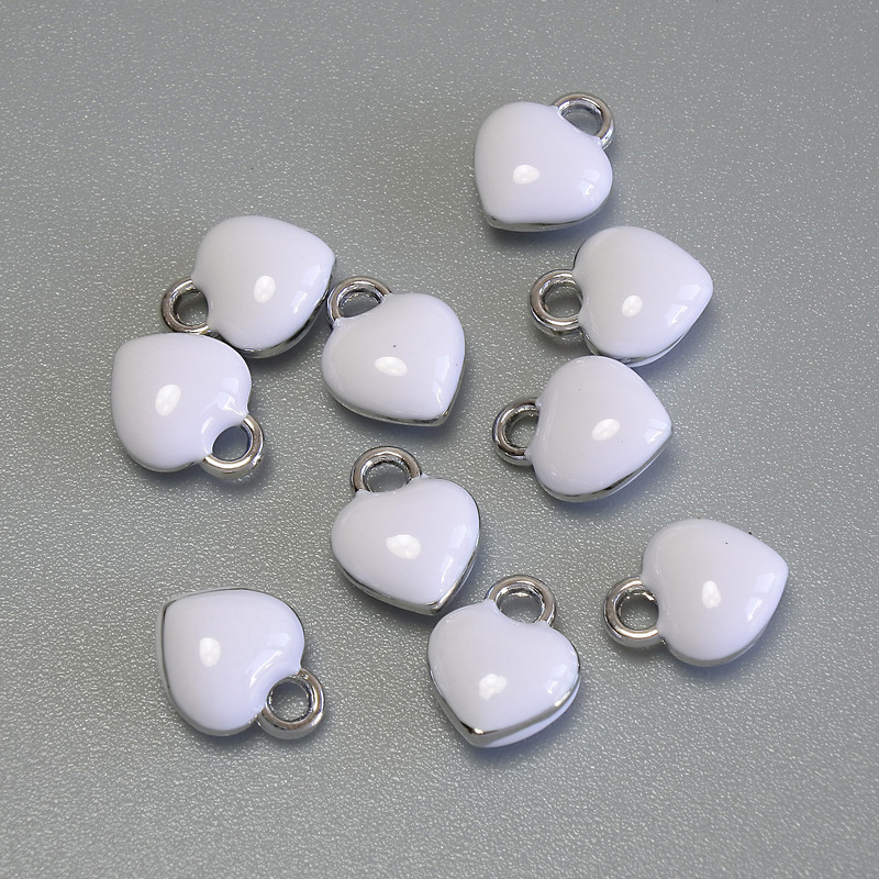Heart Pendant, White Enamel, Silver-Tone Metal, diameter 6x8mm+-, pack of 10pcs