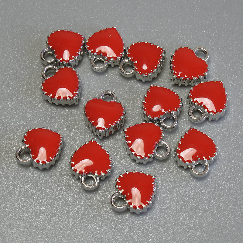 Heart Pendant Charm, red enamel, silver-tone metal, diameter 7x8mm+-, pack of 13pcs