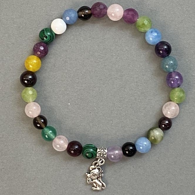 Assorted Stones Smooth Round Bead Bracelet 6mm+/- with Metal Insert, Length 18cm (Stretch)