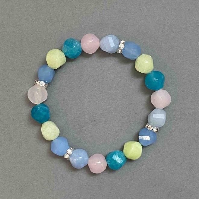 Assorted Stones Faceted Rhombus Bracelet, Diameter 10x9mm+/- with Metal Inserts, Length 18mm+/- Stretch