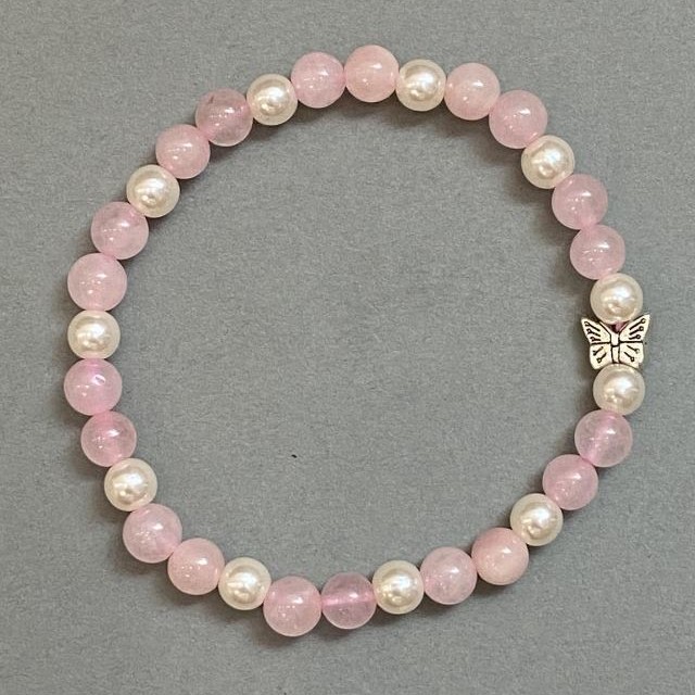 Rose Quartz and Pearl (Imitation) Bracelet, Smooth Bead 6mm+/- with Metal Insert, Length 18cm+/- Stretch