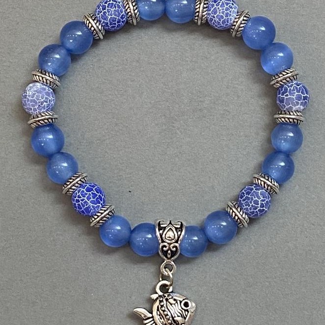 Aquamarine and Frosted Agate Bracelet, 8mm+/- Bead with Metal Inserts, 18cm+/- Length, Stretch