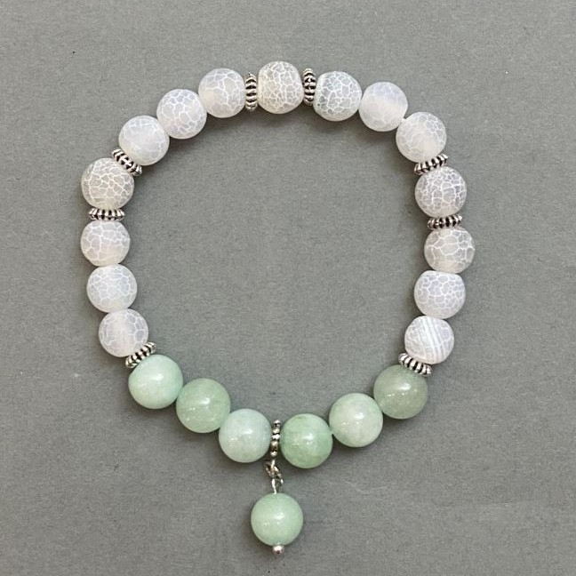 Amazonite Bead Bracelet 8mm+/- Frosted White Agate 7mm+/- with Metal Inserts, Length 18mm+/- Stretch