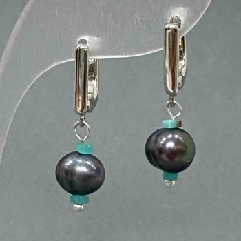 River Pearl Earrings, Graphite Colour, Diameter 9x7.5mm+/-, Variscite Cube 2.5mm+/-, Length 28mm+