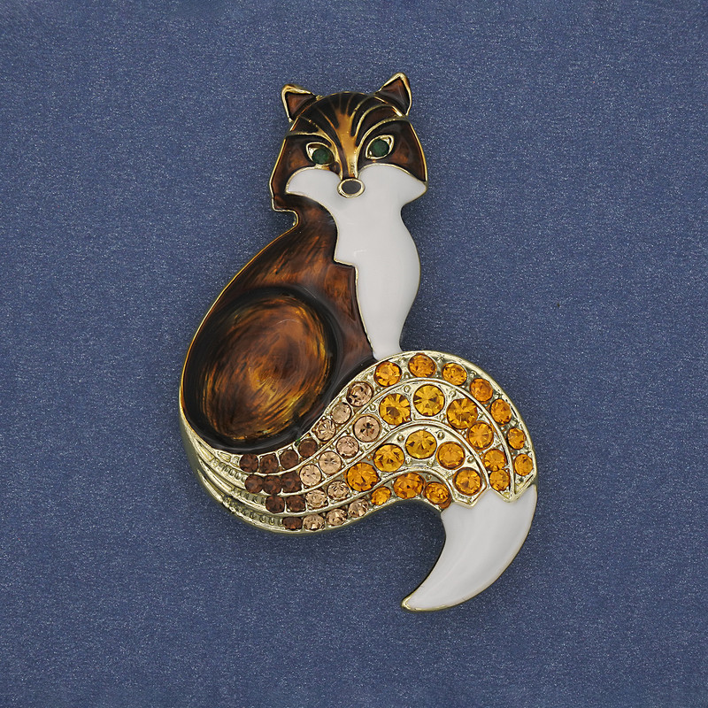 Fox Brooch Pendant, Enamel with Rhinestones, 54x35mm