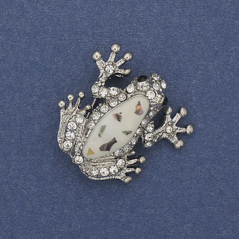 Abalone Frog Pendant Brooch, White Enamel, White Rhinestones, Silver-Tone Metal, 28x28mm+
