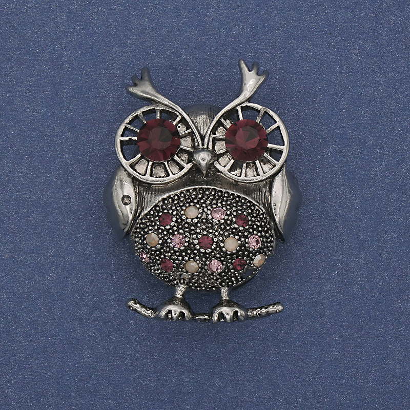 Owl Brooch Pendant Pink and Purple Rhinestones Silver-Tone Metal 38x28mm+