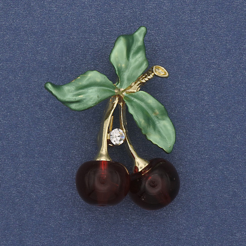 Cherries Brooch Green Enamel White Rhinestones Gold-Tone Metal 39x28mm+