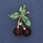 Cherries Brooch Green Enamel White Rhinestones Gold-Tone Metal 39x28mm+