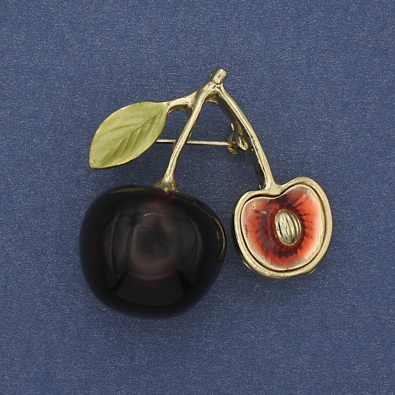 Cherries Brooch, Coloured Enamel, Gold-Tone Metal, 37x37mm+