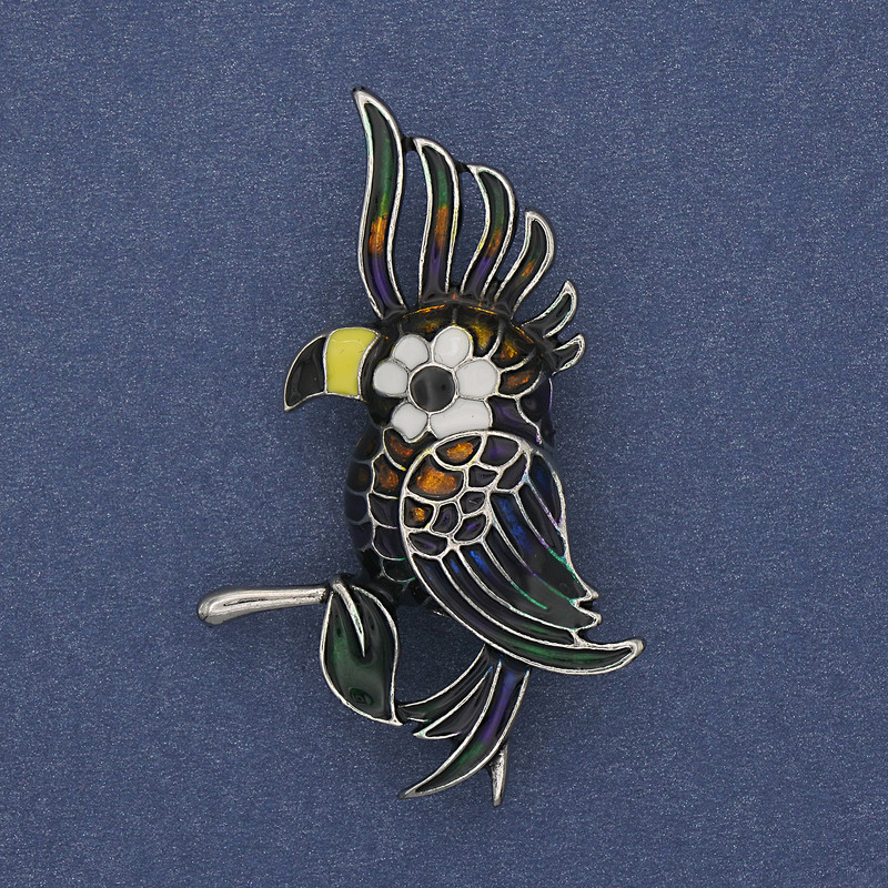Parrot Brooch Coloured Enamel Silver-Tone Metal 51x31mm+