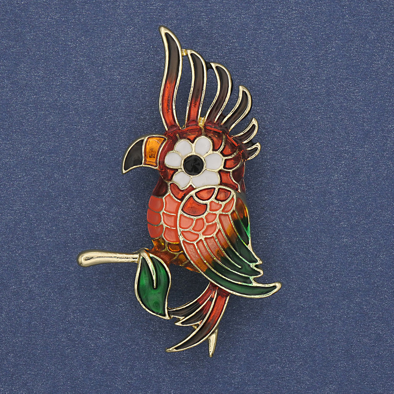 Parrot Brooch Red and Green Enamel Gold-Tone Metal 51x31mm+