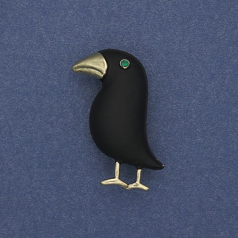 Bird Brooch Matte Black Green Rhinestone Gold-Tone Metal 36x21mm+
