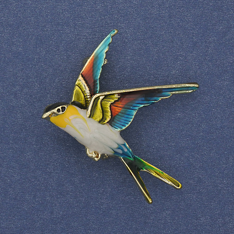 Bird Brooch-Pendant, Coloured Enamel, Gold-Tone Metal, 38x26mm+