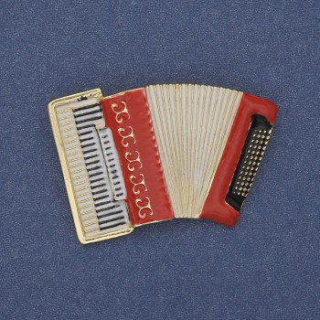 Accordion Brooch, Red and White Enamel, Gold-Tone Metal, 43x28mm+