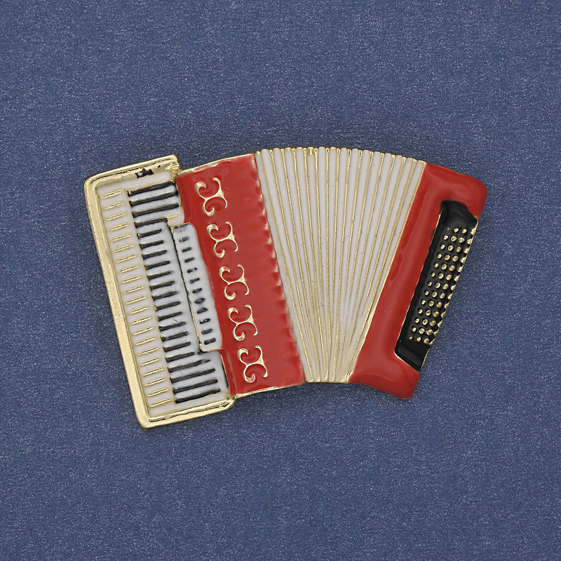 Accordion Brooch, Red and White Enamel, Gold-Tone Metal, 43x28mm+
