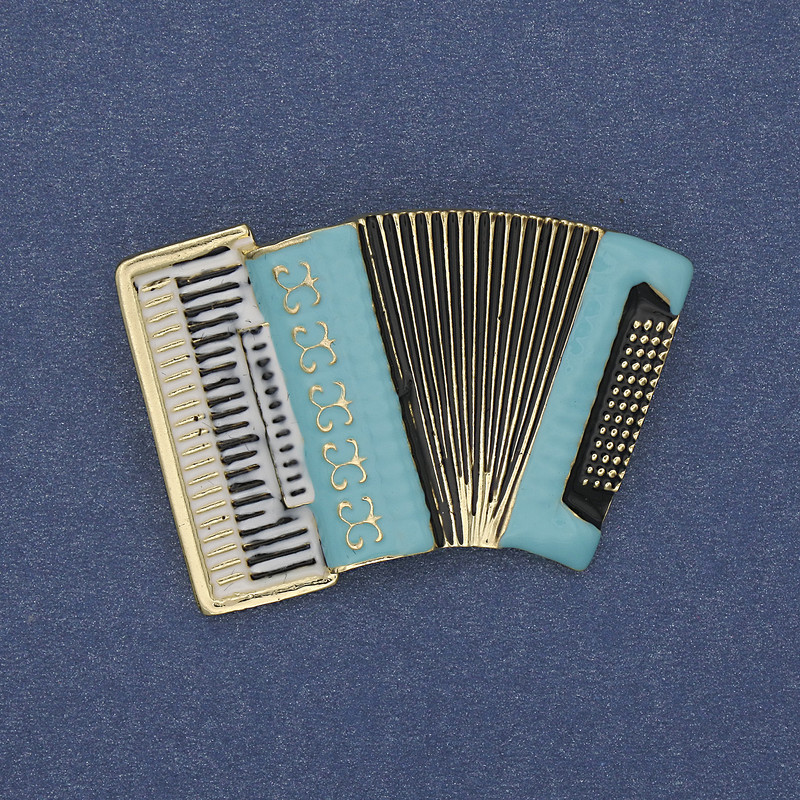 Accordion Brooch, Blue and White Enamel, Gold-Tone Metal, 43x28mm+