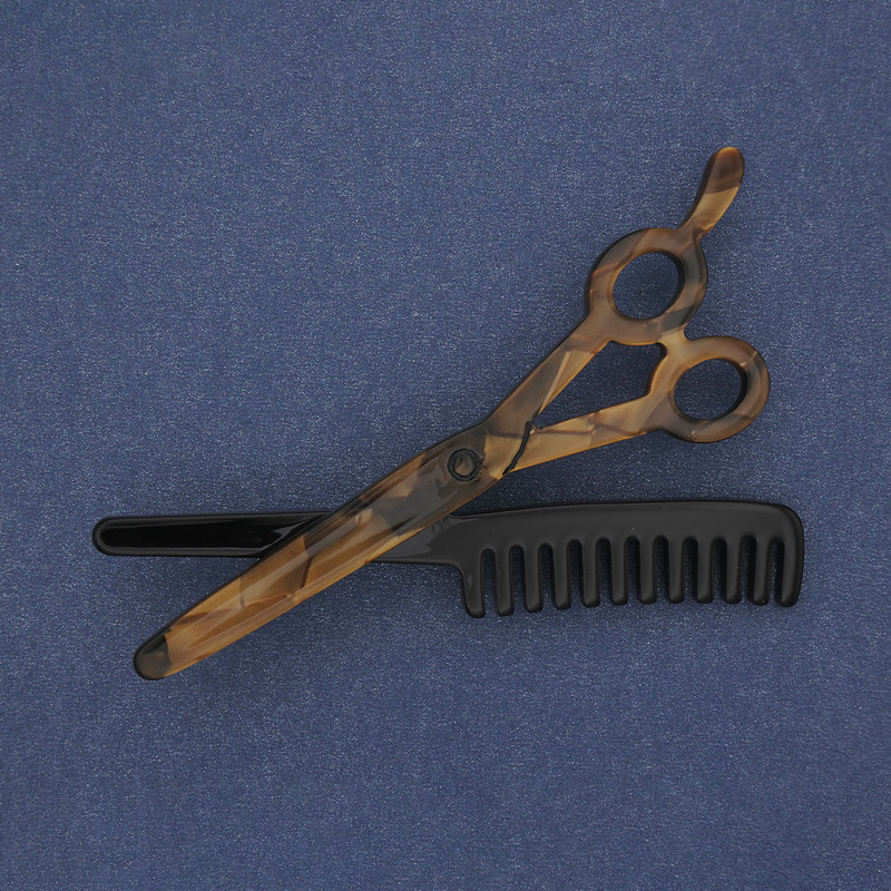Scissors and Comb Brooch, Acrylic, Silver-Tone Metal, 70x44mm+