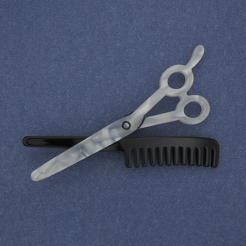 Scissors and Comb Brooch, Acrylic, Silver-Tone Metal, 70x44mm+