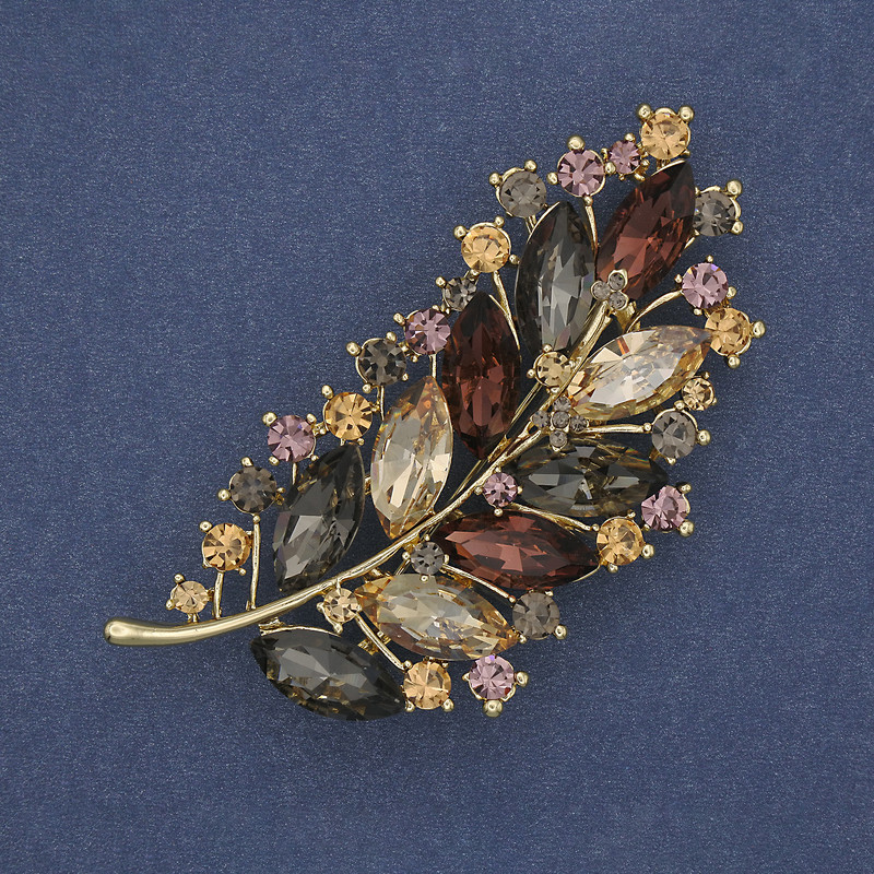 Twig Brooch, Coloured Rhinestones, Gold-Tone Metal, 71x35mm+