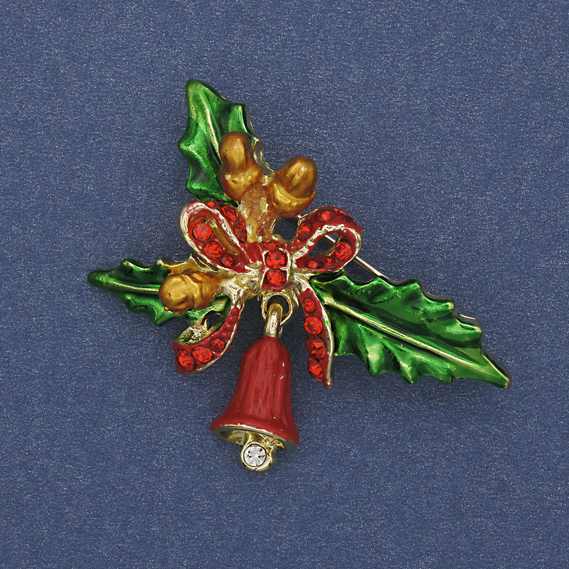 Twig Brooch with Bow and Bell, Enamel and Rhinestones, Gold-Tone Metal, 44x30mm+
