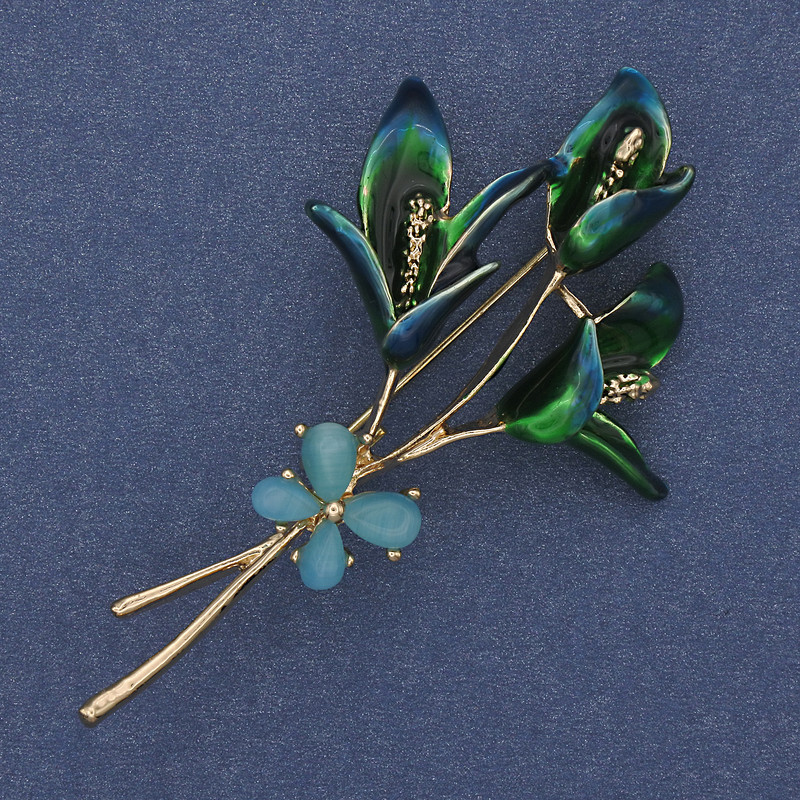 Flower Brooch, Coloured Enamel and Blue Cat's Eye, Gold-Tone Metal, 63x35mm+