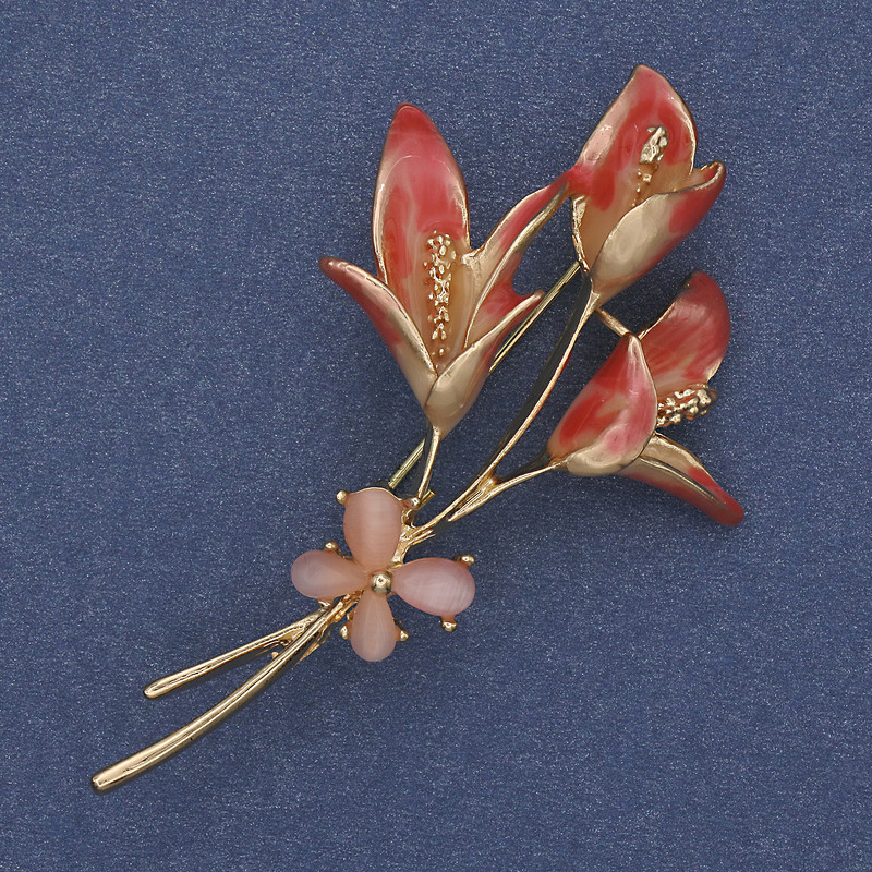 Flower Brooch, Coloured Enamel and Pink Cat's Eye, Gold-Tone Metal, 63x35mm+