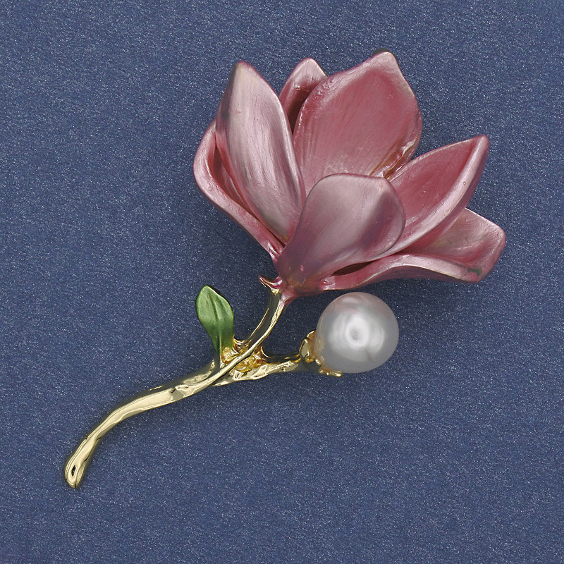 Flower Brooch Pendant Pink Enamel Pearl Gold-Tone Metal 30x53mm+