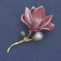 Flower Brooch Pendant Pink Enamel Pearl Gold-Tone Metal 30x53mm+