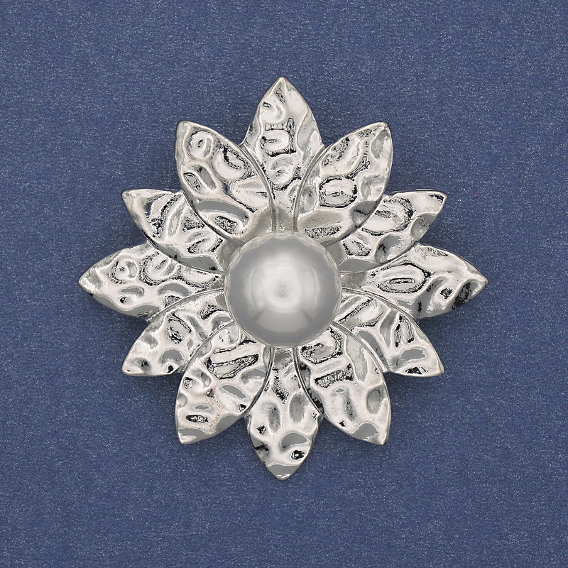 Flower Pearl Brooch Pendant Silver-Tone Metal 40mm+