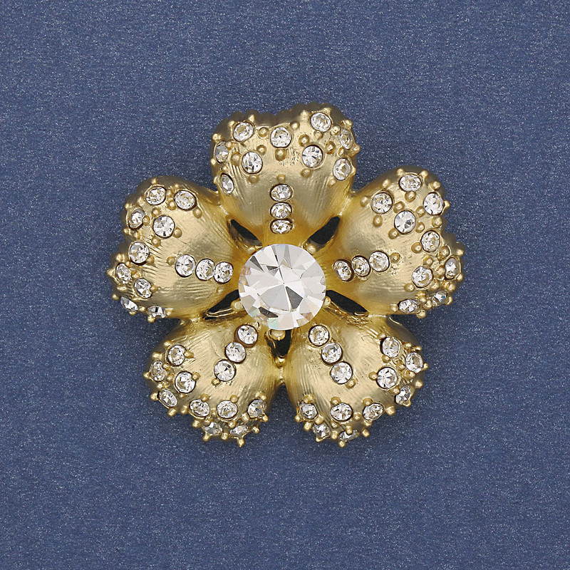 Flower Brooch White Rhinestones Gold-Tone Metal 33mm+