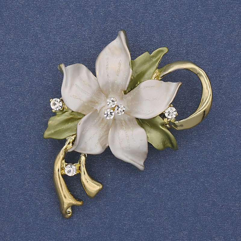 Flower Brooch Pendant White & Green Enamel Rhinestones Gold-Tone Metal 50x42mm+