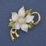 Flower Brooch Pendant White & Green Enamel Rhinestones Gold-Tone Metal 50x42mm+