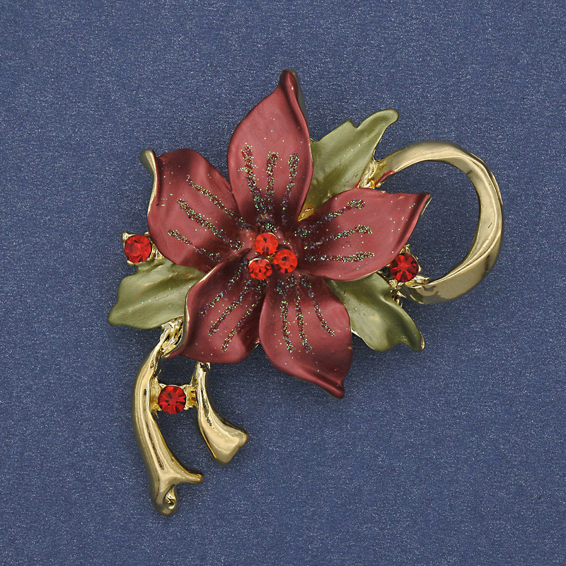Flower Brooch Pendant Red & Green Enamel Rhinestones Gold-Tone Metal 50x42mm+