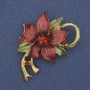 Flower Brooch Pendant Red & Green Enamel Rhinestones Gold-Tone Metal 50x42mm+