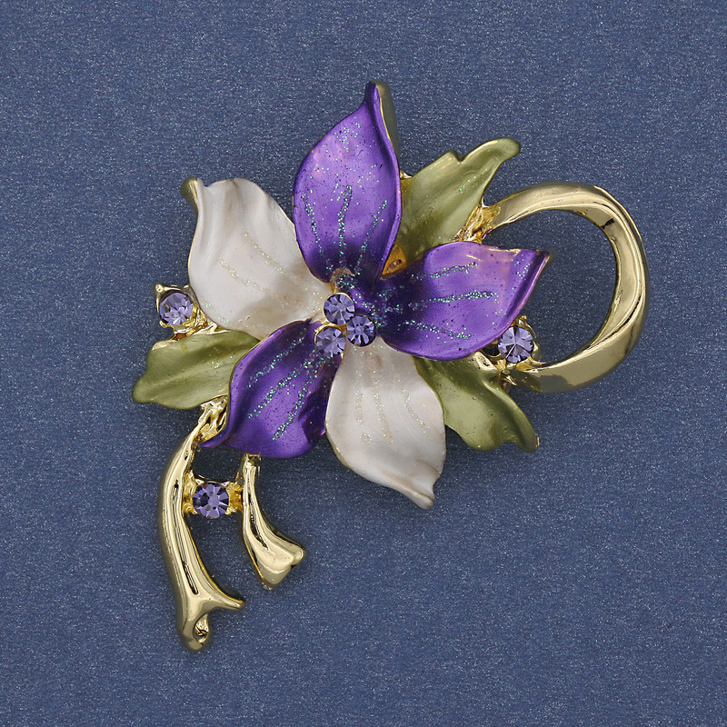 Flower Brooch Pendant Coloured Enamel Rhinestones Gold-Tone Metal 50x42mm+