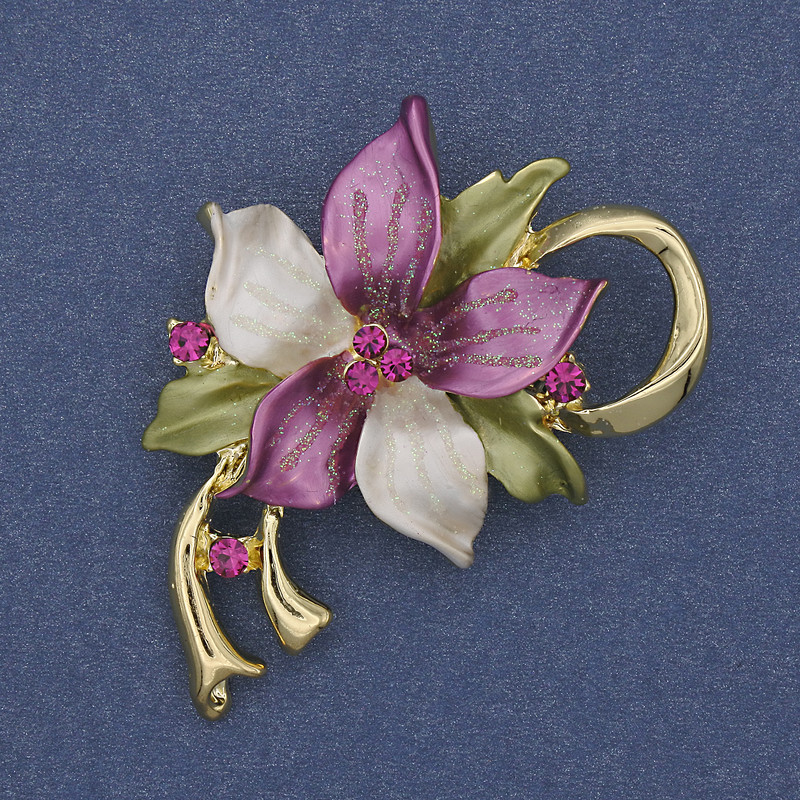 Flower Brooch Pendant Coloured Enamel Rhinestones Gold-Tone Metal 50x42mm+