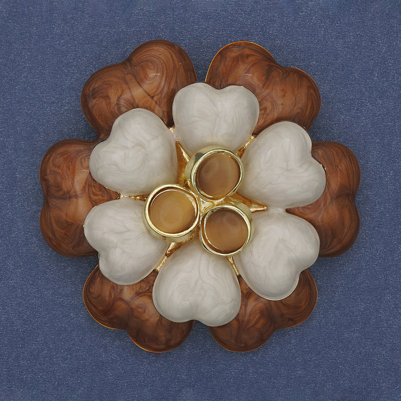 Flower Brooch Brown and Beige Enamel with Cat's Eye Beads Silver-Tone Metal 61mm+