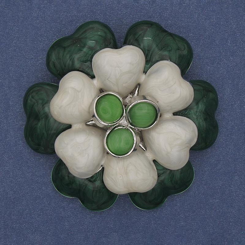 Flower Brooch Green & Beige Enamel Cat's Eye Beads Gold-Tone Metal 61mm+