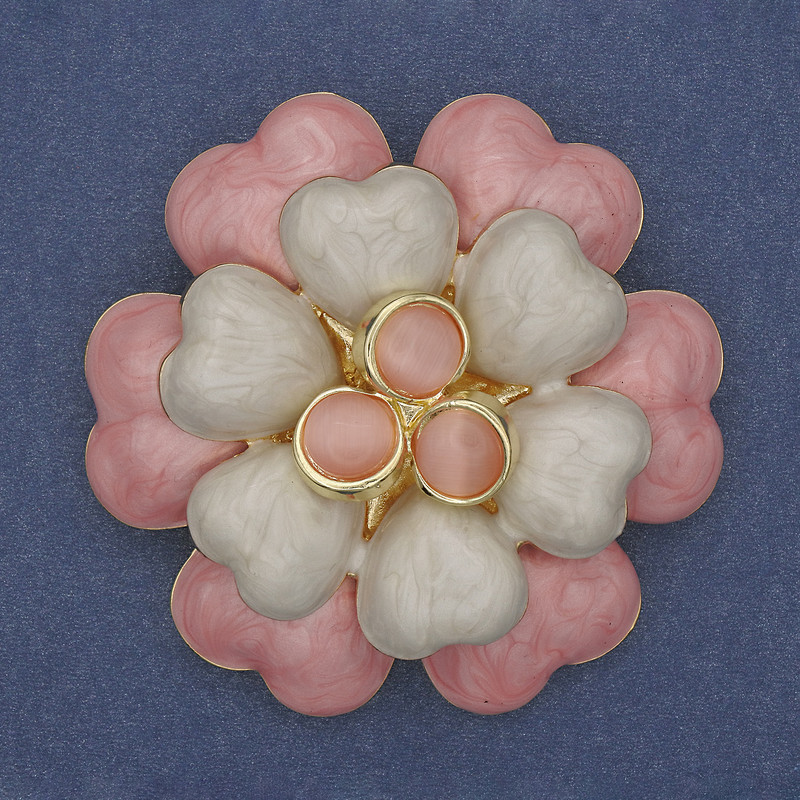 Flower Brooch Pink and Beige Enamel with Cat's Eye Beads Gold-Tone Metal 61mm+