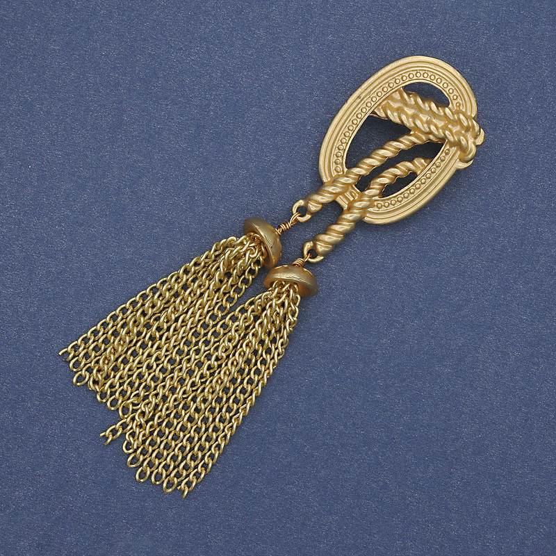 "Accent" Brooch with Tassels, Matte Gold, Gold-Tone Metal, 23x89mm+