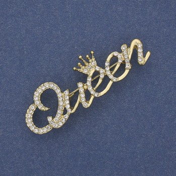 "Queen" Accent Brooch, Rhinestones, Gold-Tone Metal, 48x16mm+