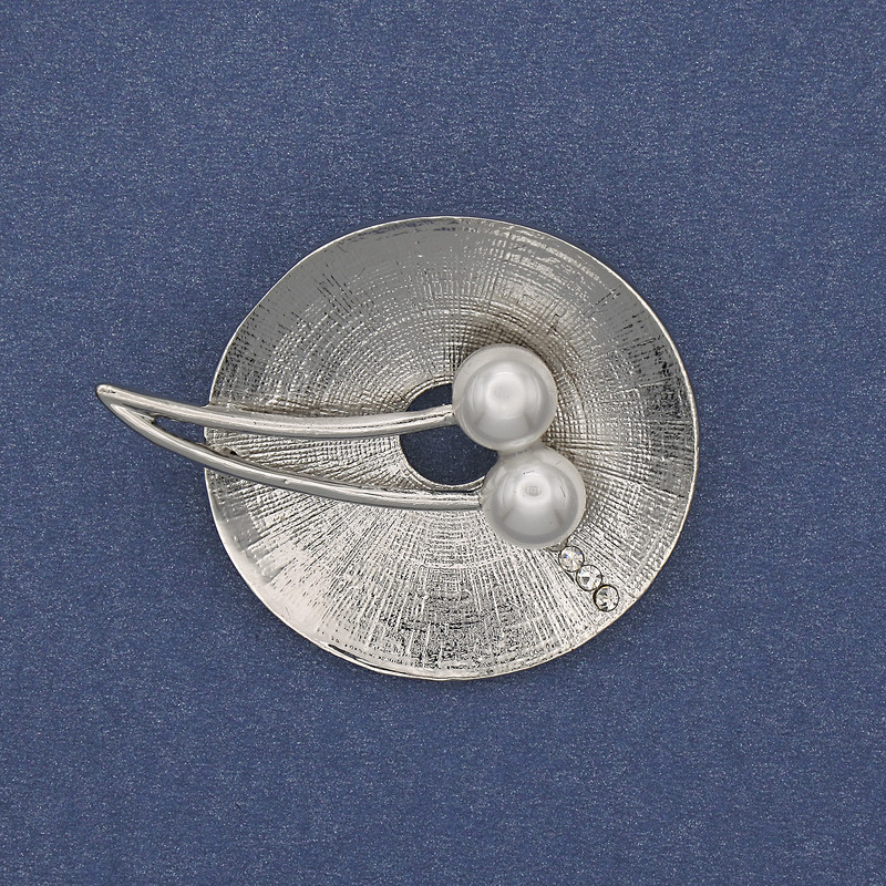 Accent Brooch with Pearls and Rhinestones, Silver-Tone Metal, 32x40mm+
